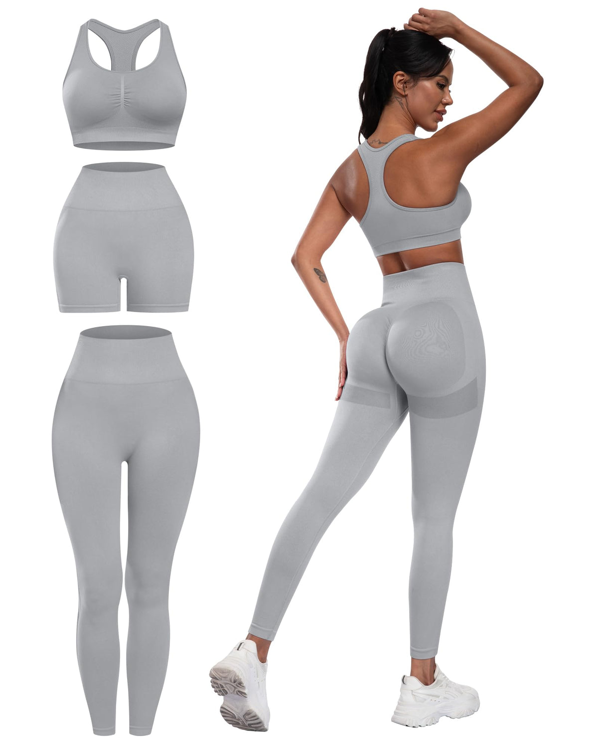 3 Piece Workout Sets for Women Butt Lifting Leggings with High Impact Sports Bra Gym Shorts