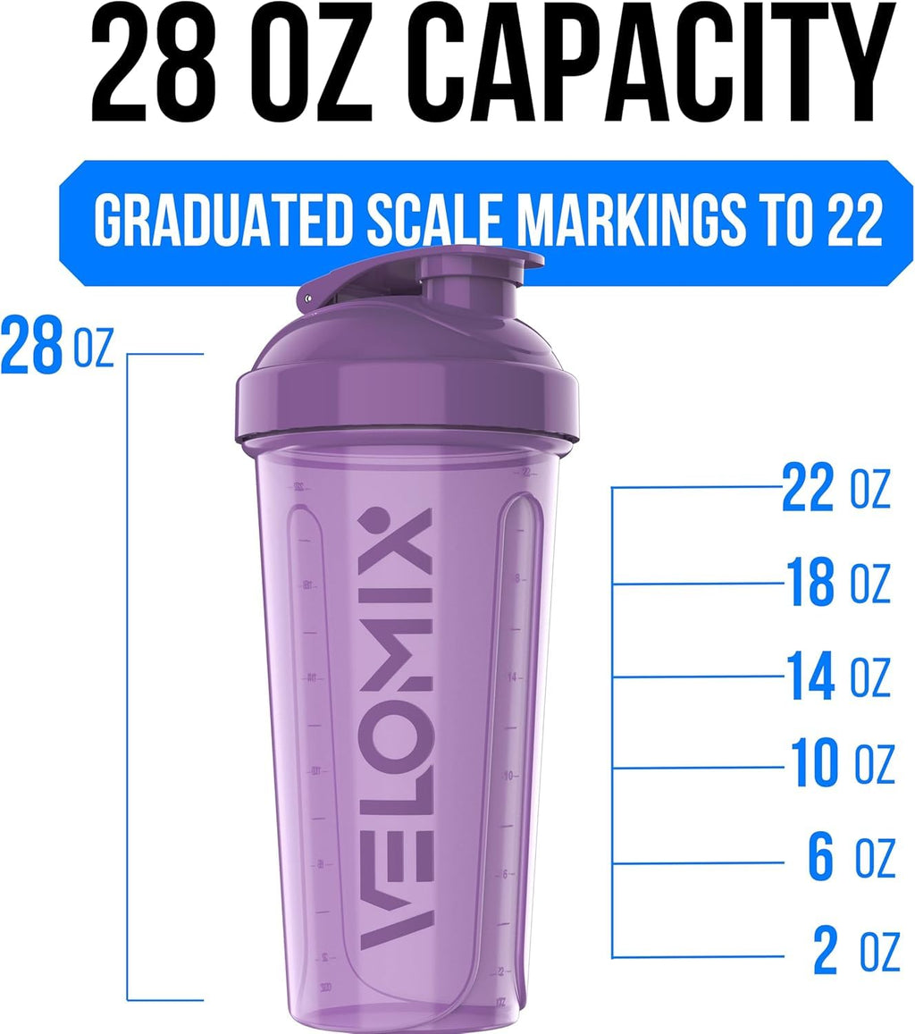 VELOMIX 2 Pack 28oz Protein Shaker Bottle for Protein Mixes, Black/Transpar