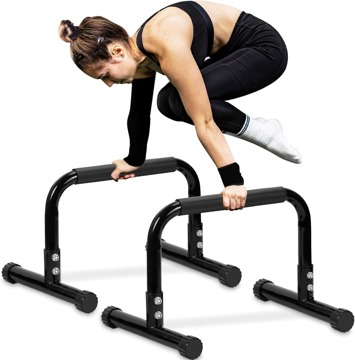TABEKE Push Up Bar, 14'' High Steel Parallettes & Dip Bar with Full Coverage Foam Handle, Heavy-Duty Calisthenics Parallel Bars for L-Sit, Dips, Home Gym Strength Training Workout