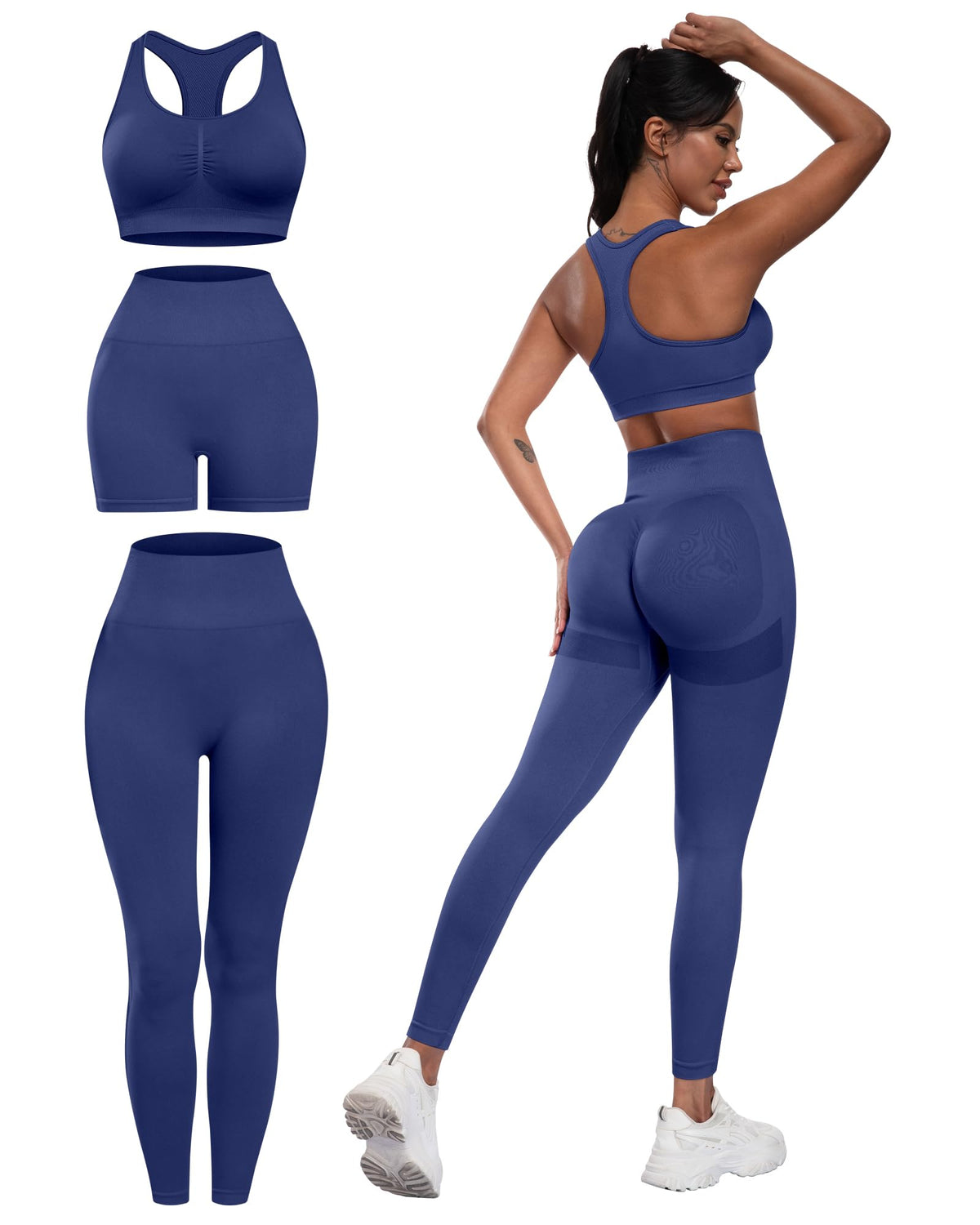 3 Piece Workout Sets for Women Butt Lifting Leggings with High Impact Sports Bra Gym Shorts