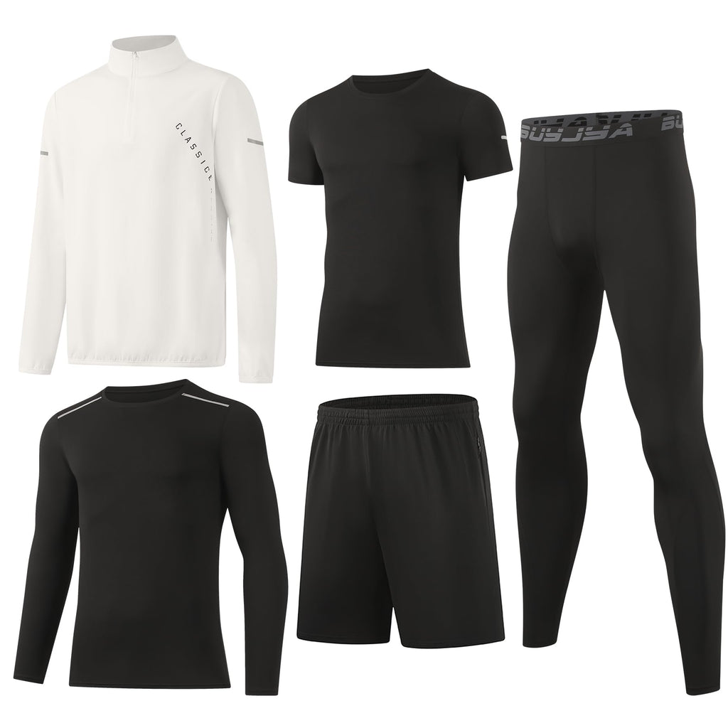 BUYJYA 5Pcs Men's Workout Gym Clothes Set Athletic Fitness Clothing