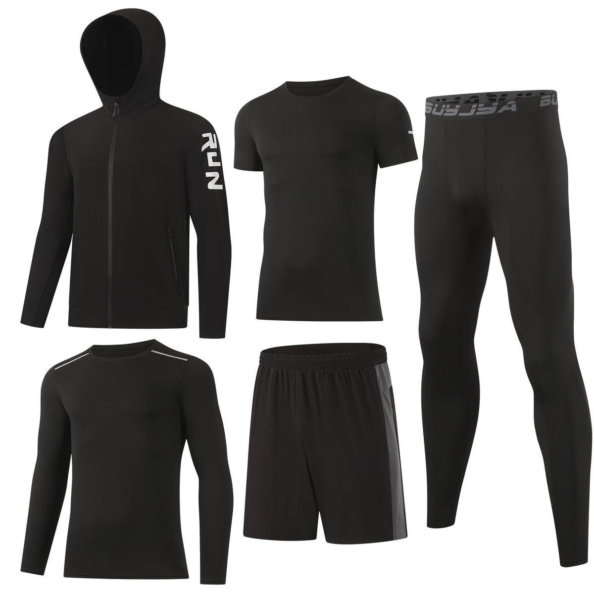 BUYJYA 5Pcs Men's Workout Gym Clothes Set Athletic Fitness Clothing