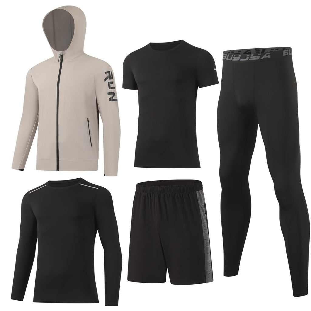 BUYJYA 5Pcs Men's Workout Gym Clothes Set Athletic Fitness Clothing