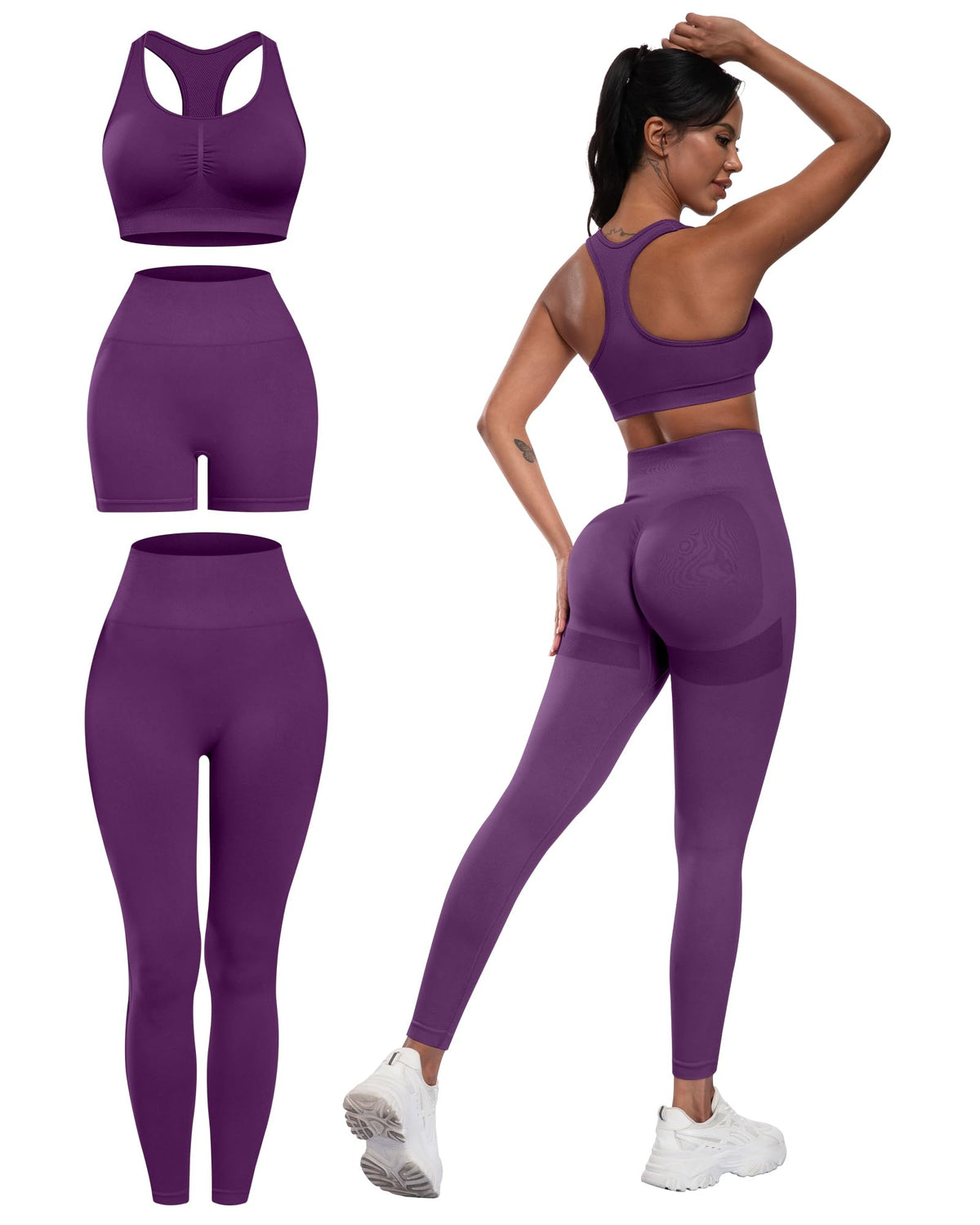3 Piece Workout Sets for Women Butt Lifting Leggings with High Impact Sports Bra Gym Shorts