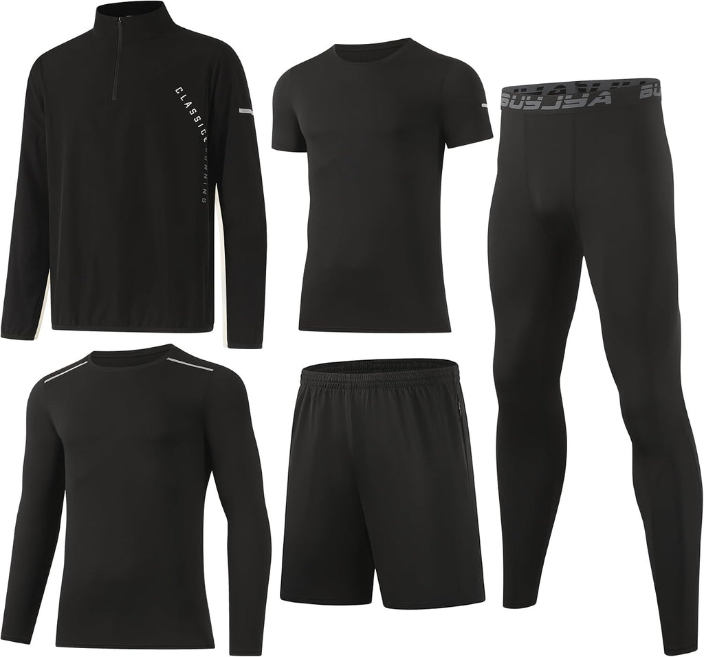 BUYJYA 5Pcs Men's Workout Gym Clothes Set Athletic Fitness Clothing