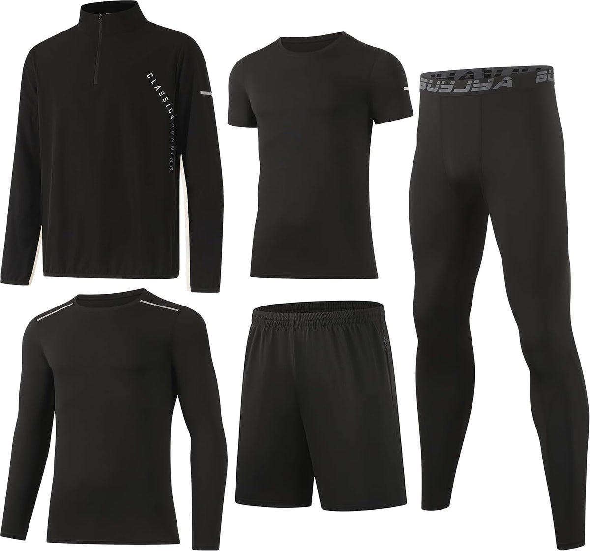 BUYJYA 5Pcs Men's Workout Gym Clothes Set Athletic Fitness Clothing