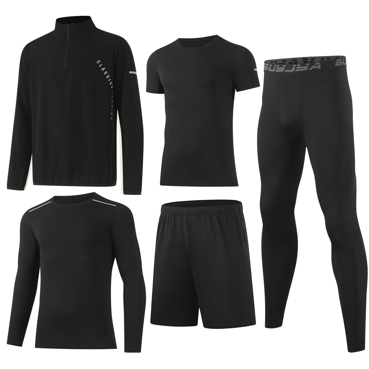 BUYJYA 5Pcs Men's Workout Gym Clothes Set Athletic Fitness Clothing