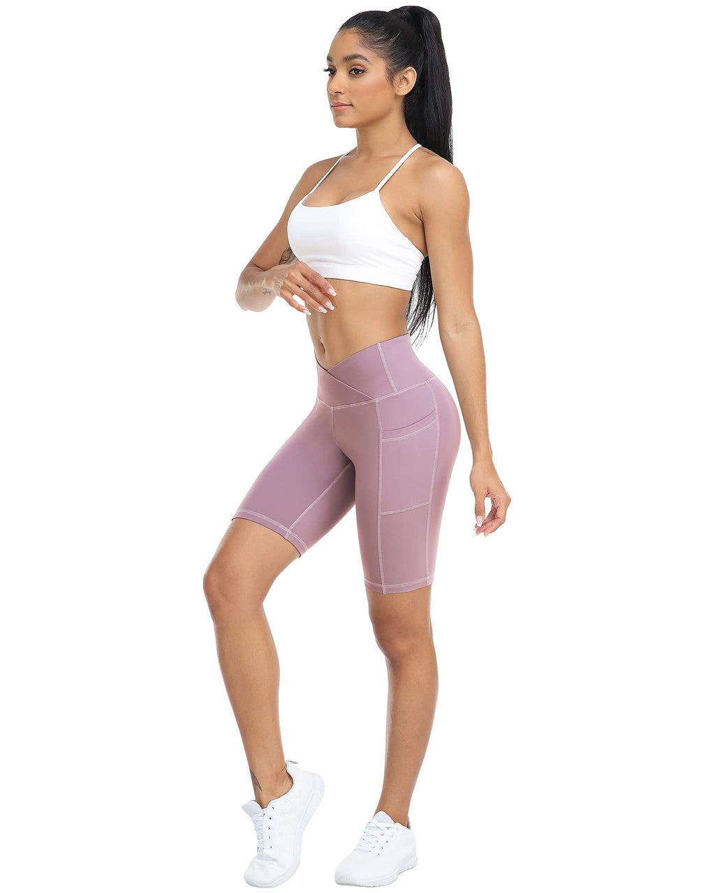 WHOUARE 4 Pack Biker Yoga Shorts with Pockets for Women,High Waisted Athletic Running Workout Gym Shorts Tummy Control