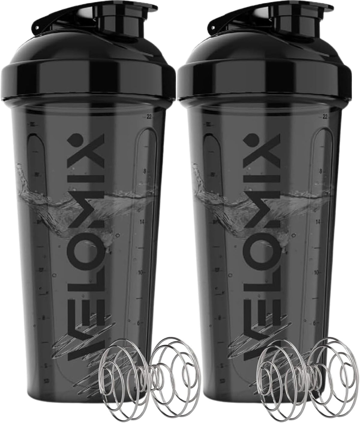 VELOMIX 2 Pack 28oz Protein Shaker Bottle for Protein Mixes, Black/Transpar