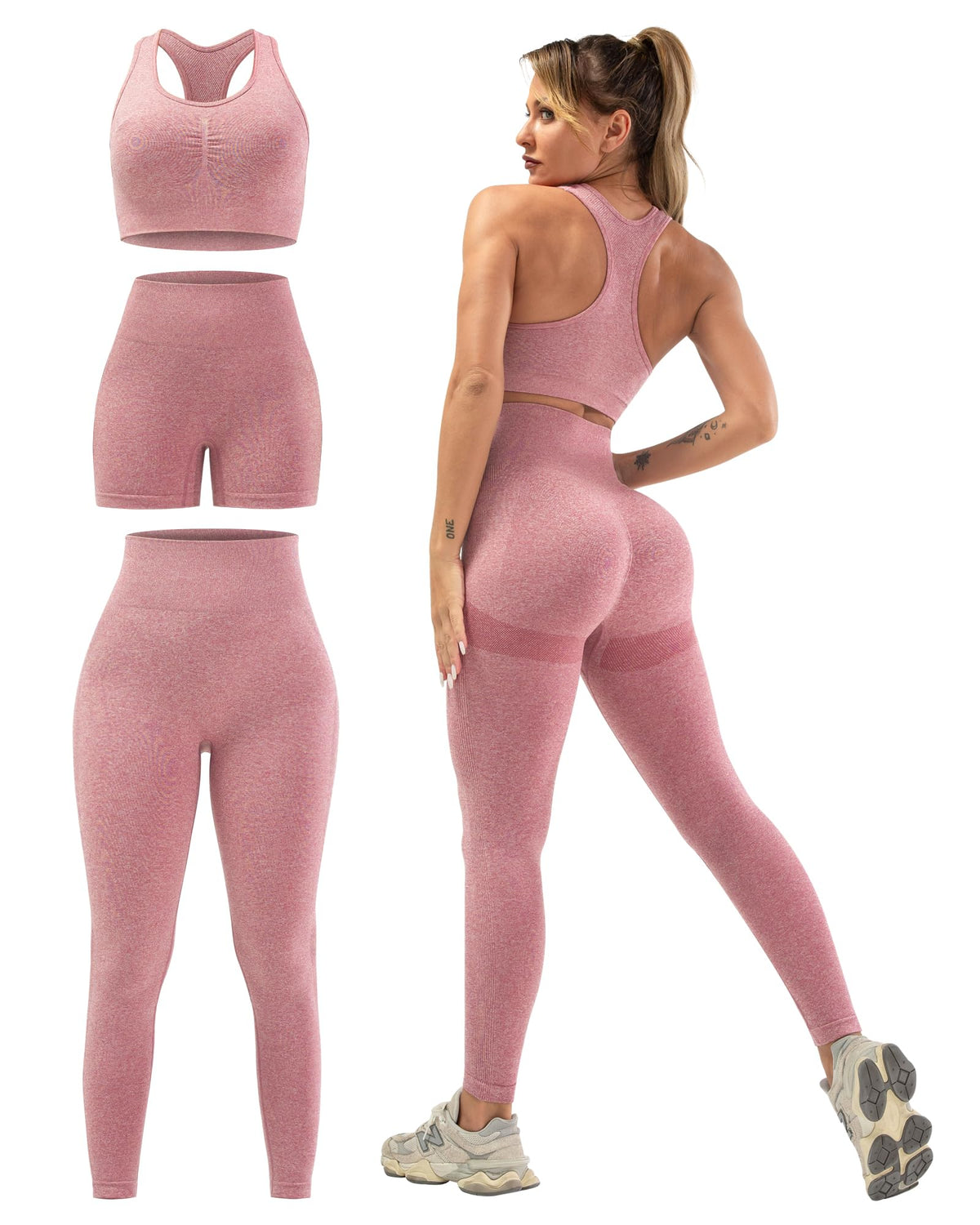 3 Piece Workout Sets for Women Butt Lifting Leggings with High Impact Sports Bra Gym Shorts