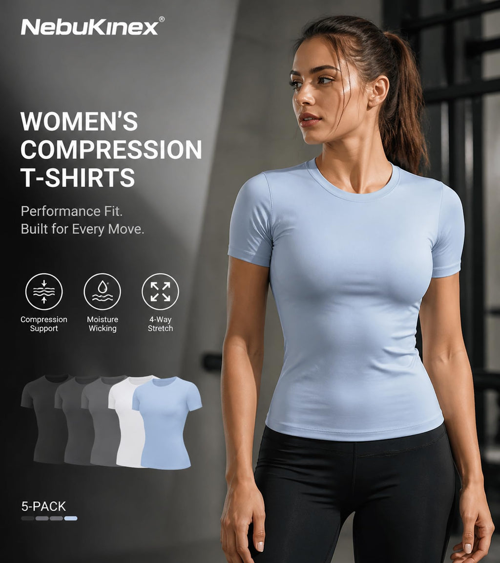 5-Pack Women's Compression Shirts Short Sleeve Workout Gym Tops