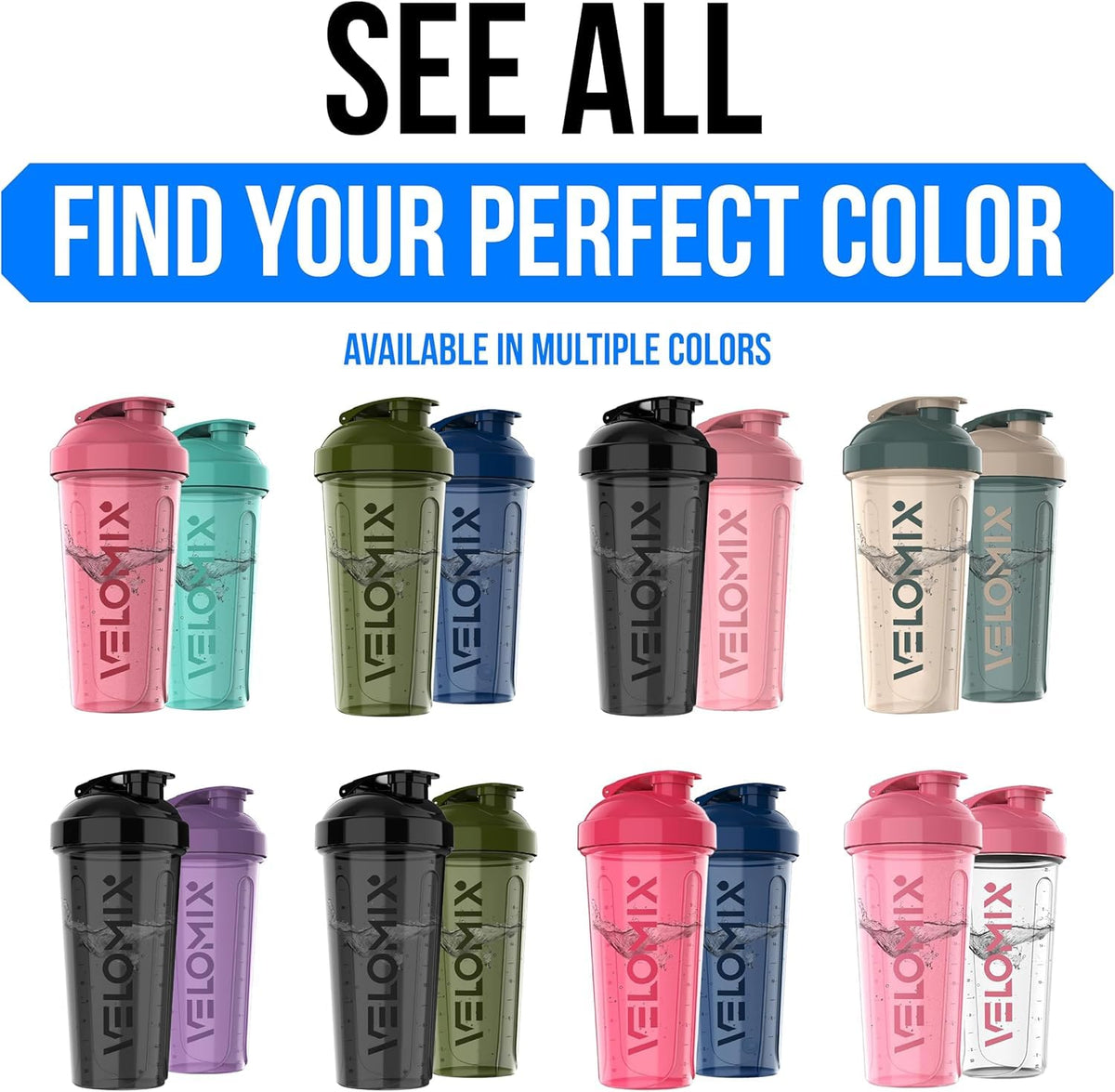 VELOMIX 2 Pack 28oz Protein Shaker Bottle for Protein Mixes, Black/Transpar