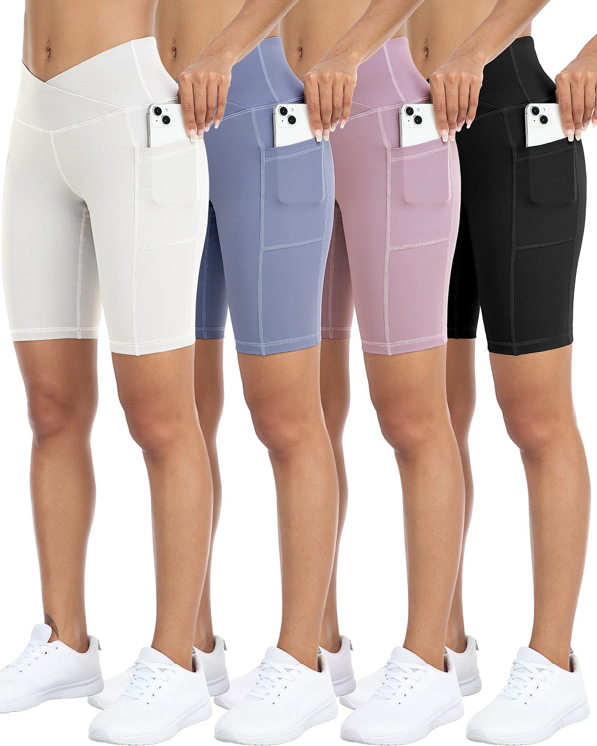WHOUARE 4 Pack Biker Yoga Shorts with Pockets for Women,High Waisted Athletic Running Workout Gym Shorts Tummy Control