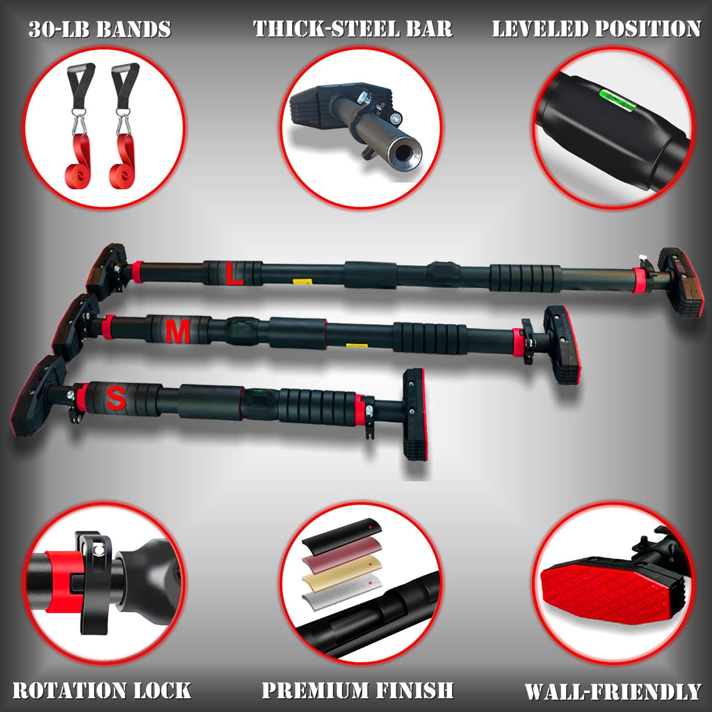 Pull Up Bar for Hallway or Doorway 6-piece Set with Two Attachable Resistance Bands/Handles, Training Manuals, No Screws Chin Up Bar, Max 680lbs, Width options: 27-37", 37-47"; 46-53"