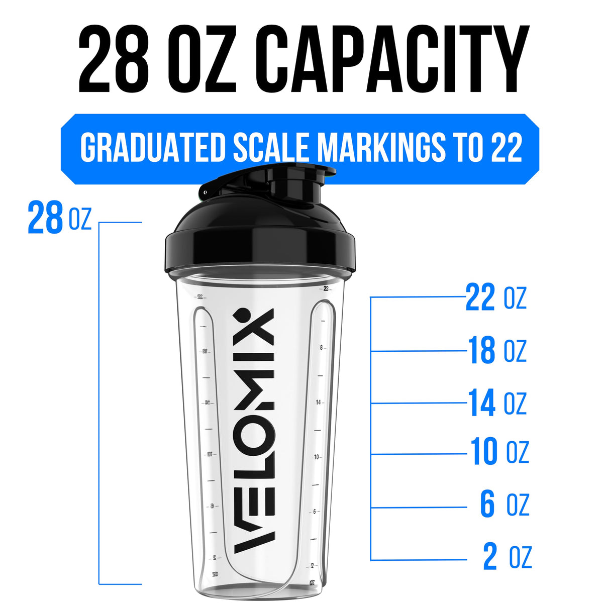 VELOMIX 2 Pack 28oz Protein Shaker Bottle for Protein Mixes, Black/Transpar