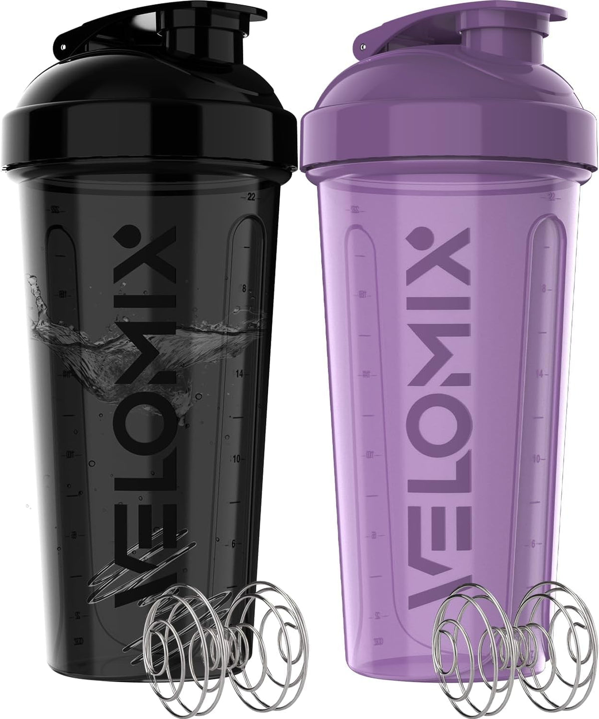VELOMIX 2 Pack 28oz Protein Shaker Bottle for Protein Mixes, Black/Transpar