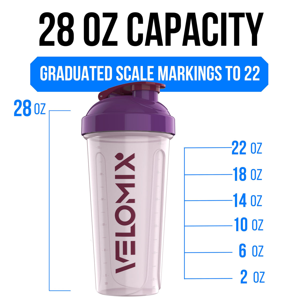 VELOMIX 2 Pack 28oz Protein Shaker Bottle for Protein Mixes, Black/Transpar