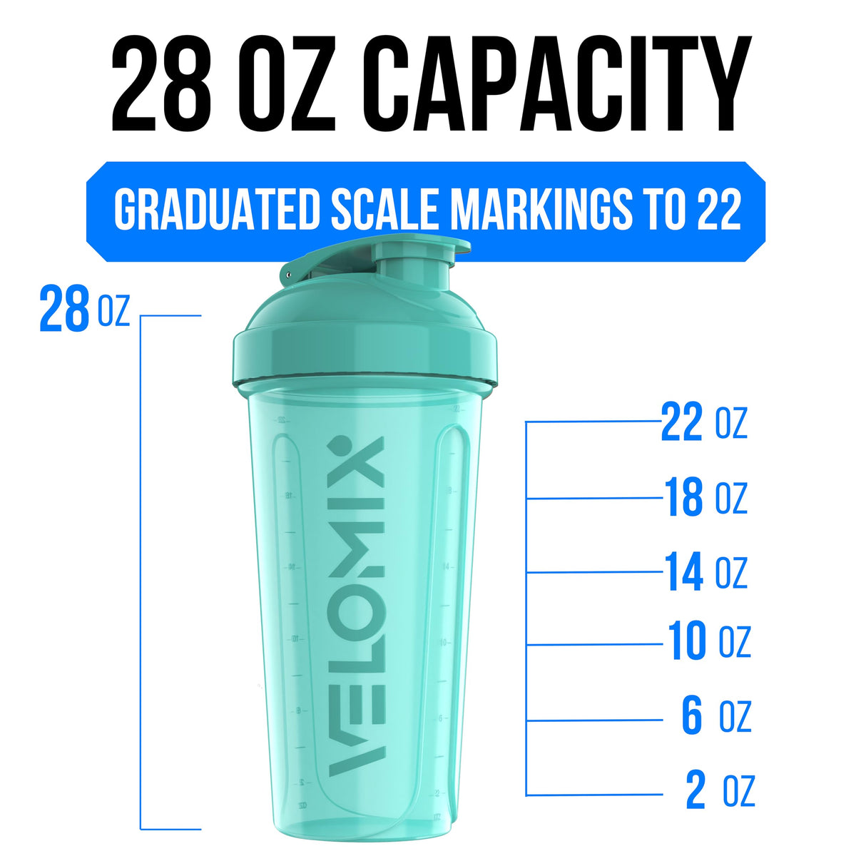 VELOMIX 2 Pack 28oz Protein Shaker Bottle for Protein Mixes, Black/Transpar