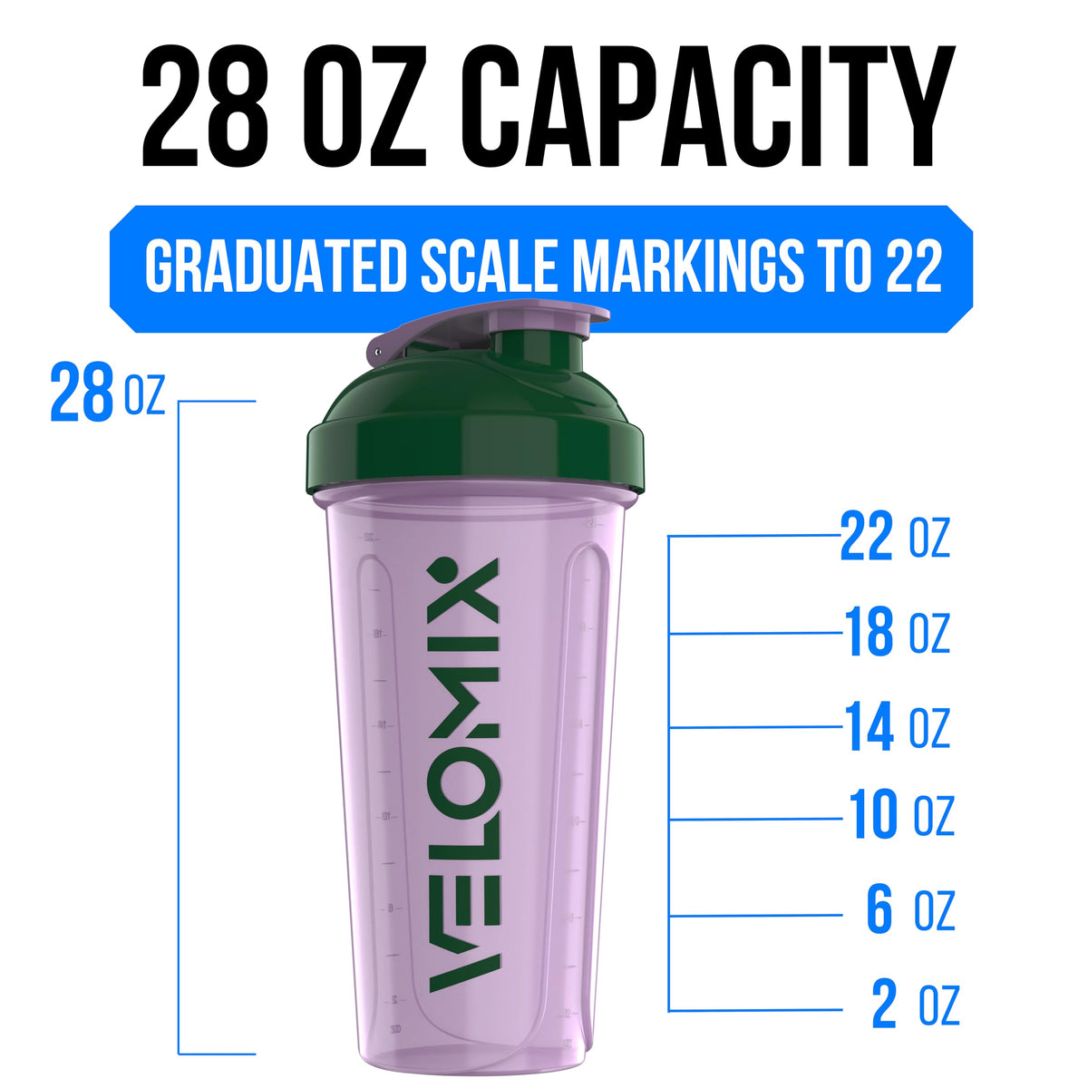 VELOMIX 2 Pack 28oz Protein Shaker Bottle for Protein Mixes, Black/Transpar