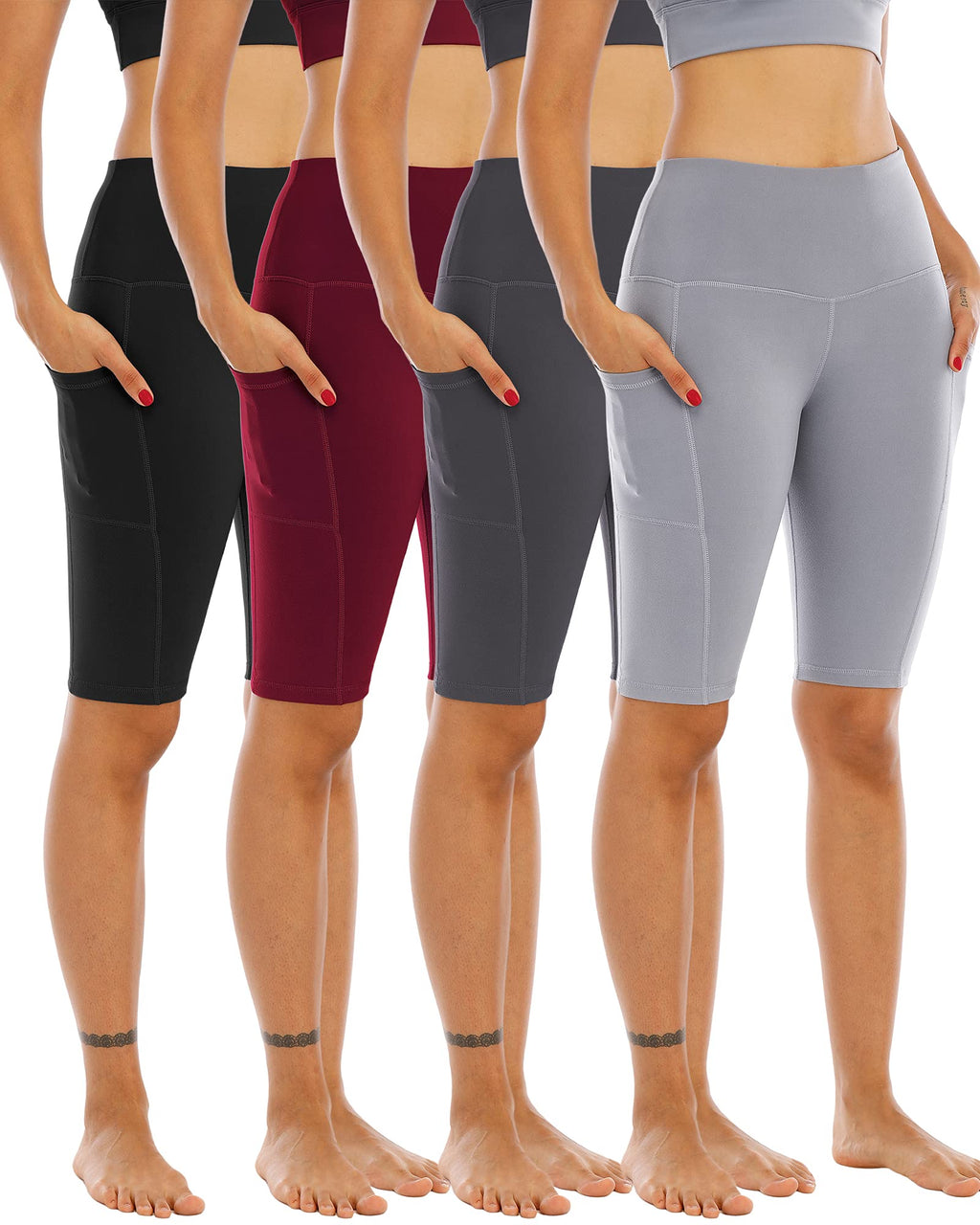WHOUARE 4 Pack Biker Yoga Shorts with Pockets for Women,High Waisted Athletic Running Workout Gym Shorts Tummy Control