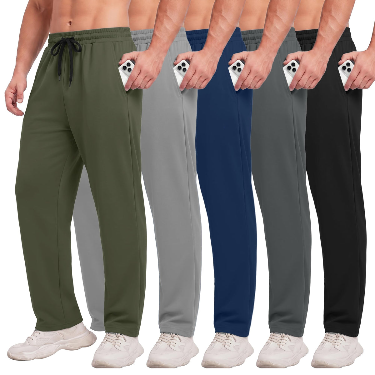 5 Pack Men's Sweatpants with Pockets - Mesh Open Bottom Athletic Pants