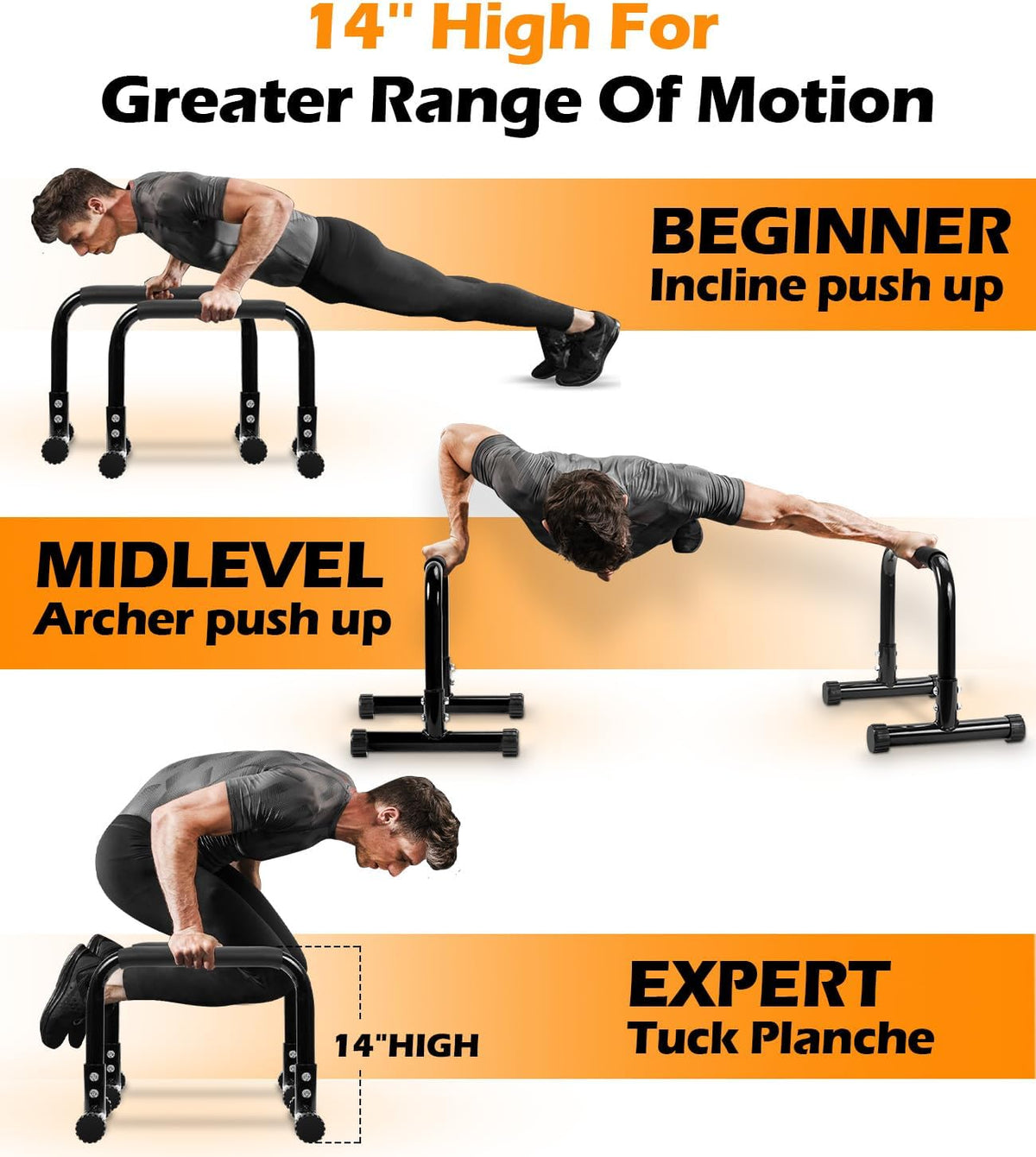 TABEKE Push Up Bar, 14'' High Steel Parallettes & Dip Bar with Full Coverage Foam Handle, Heavy-Duty Calisthenics Parallel Bars for L-Sit, Dips, Home Gym Strength Training Workout