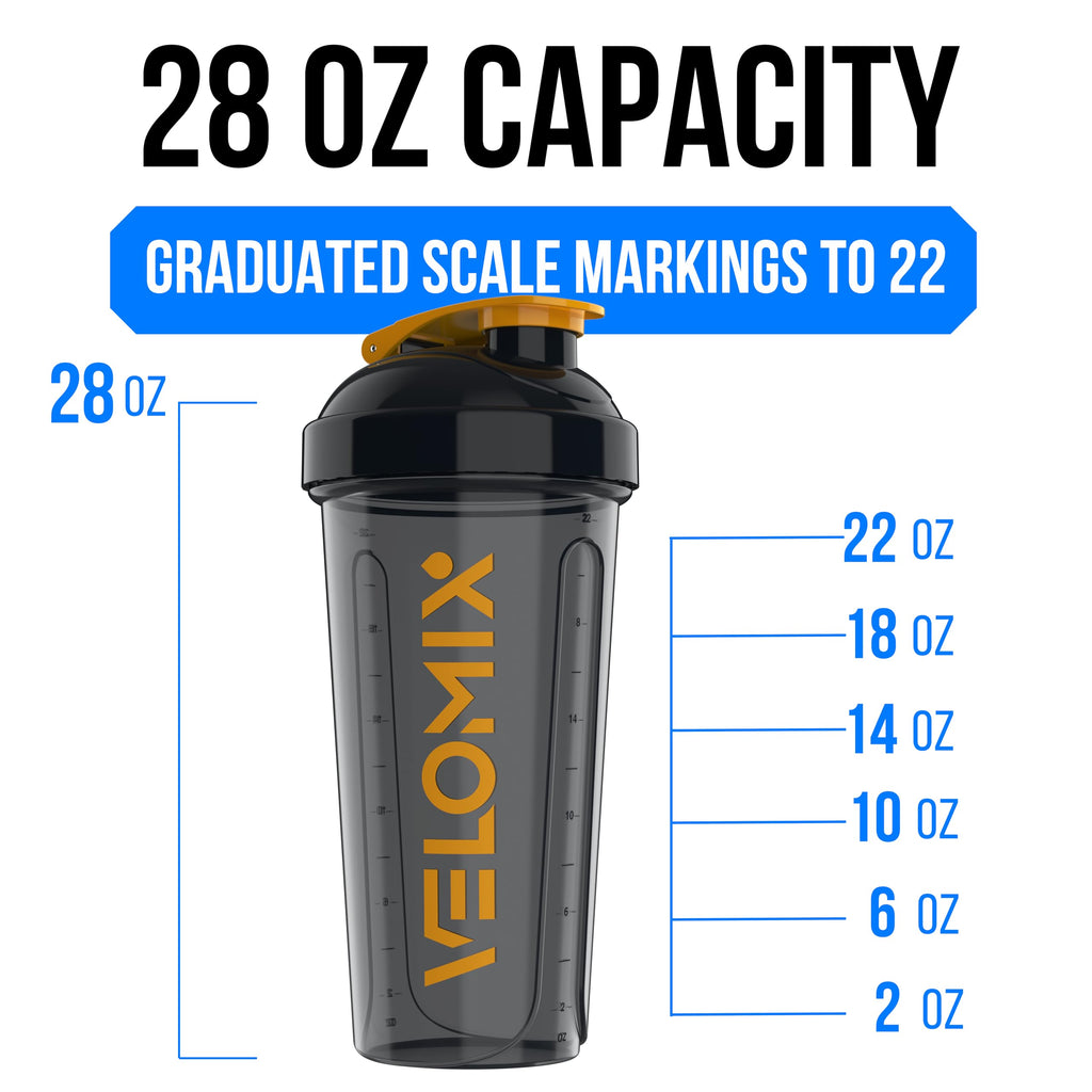 VELOMIX 2 Pack 28oz Protein Shaker Bottle for Protein Mixes, Black/Transpar