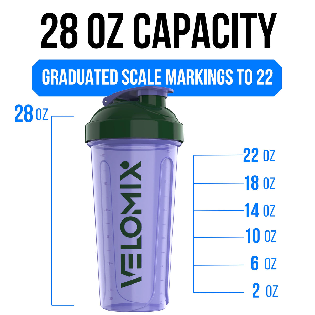 VELOMIX 2 Pack 28oz Protein Shaker Bottle for Protein Mixes, Black/Transpar