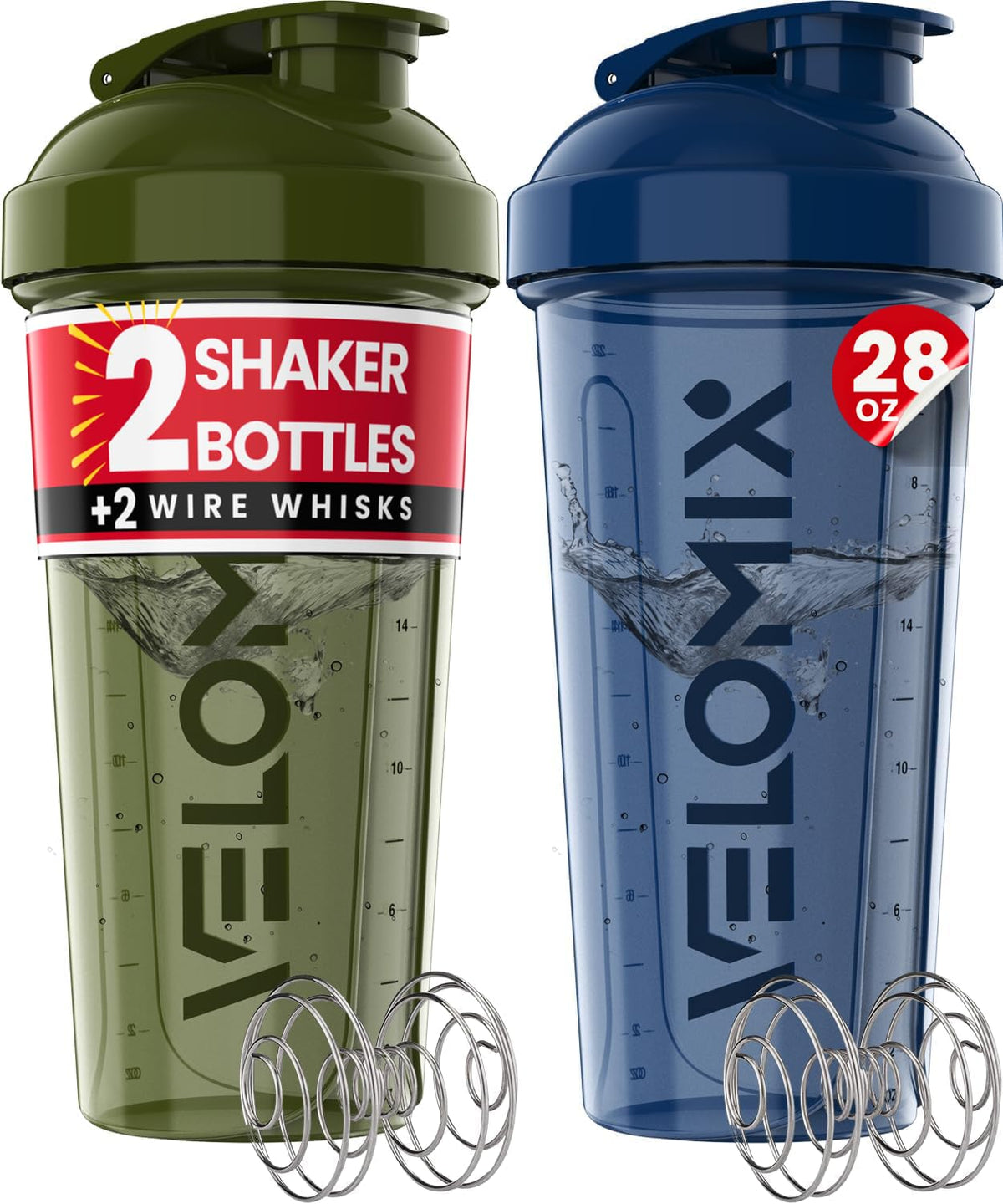 VELOMIX 2 Pack 28oz Protein Shaker Bottle for Protein Mixes, Black/Transpar