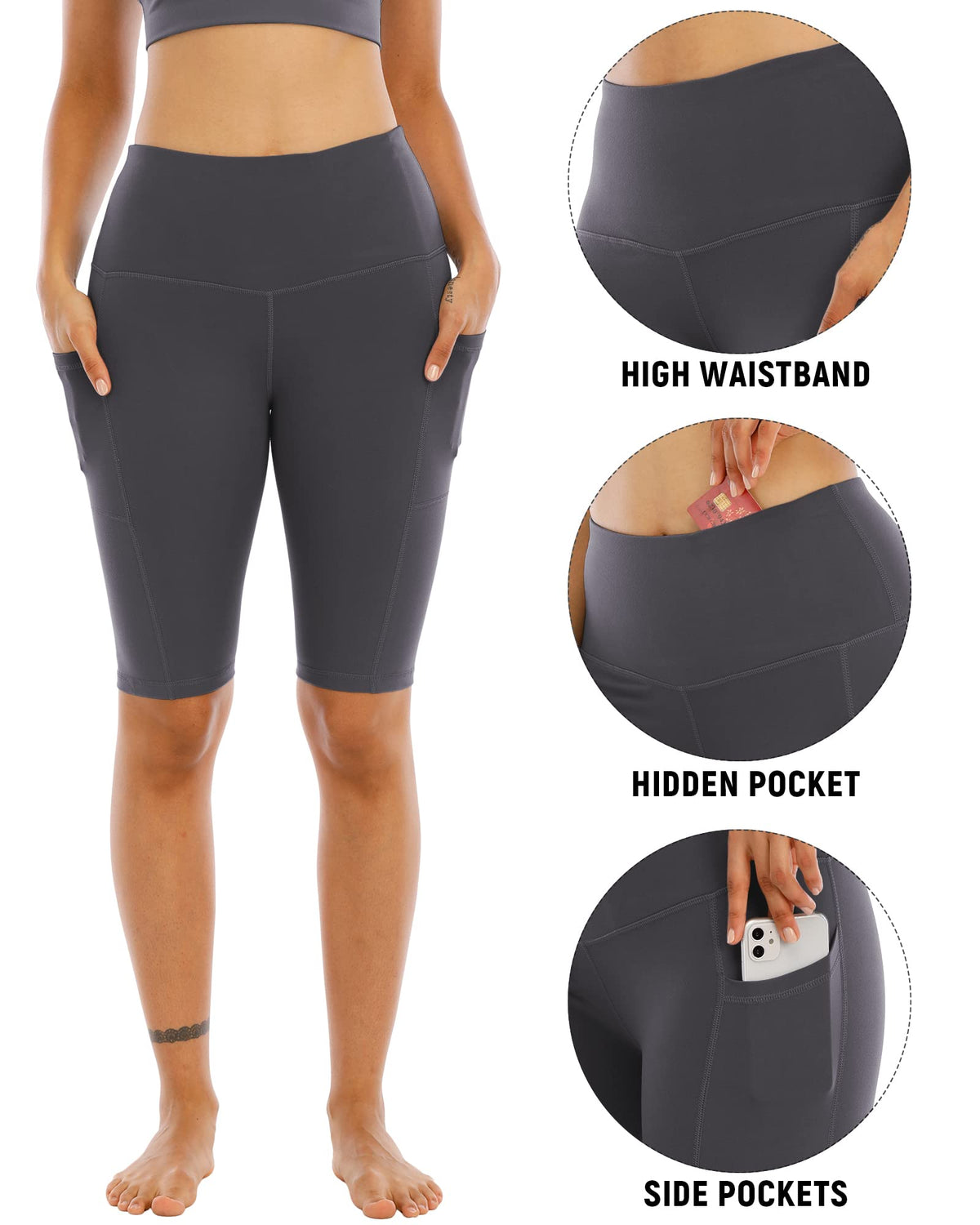 WHOUARE 4 Pack Biker Yoga Shorts with Pockets for Women,High Waisted Athletic Running Workout Gym Shorts Tummy Control