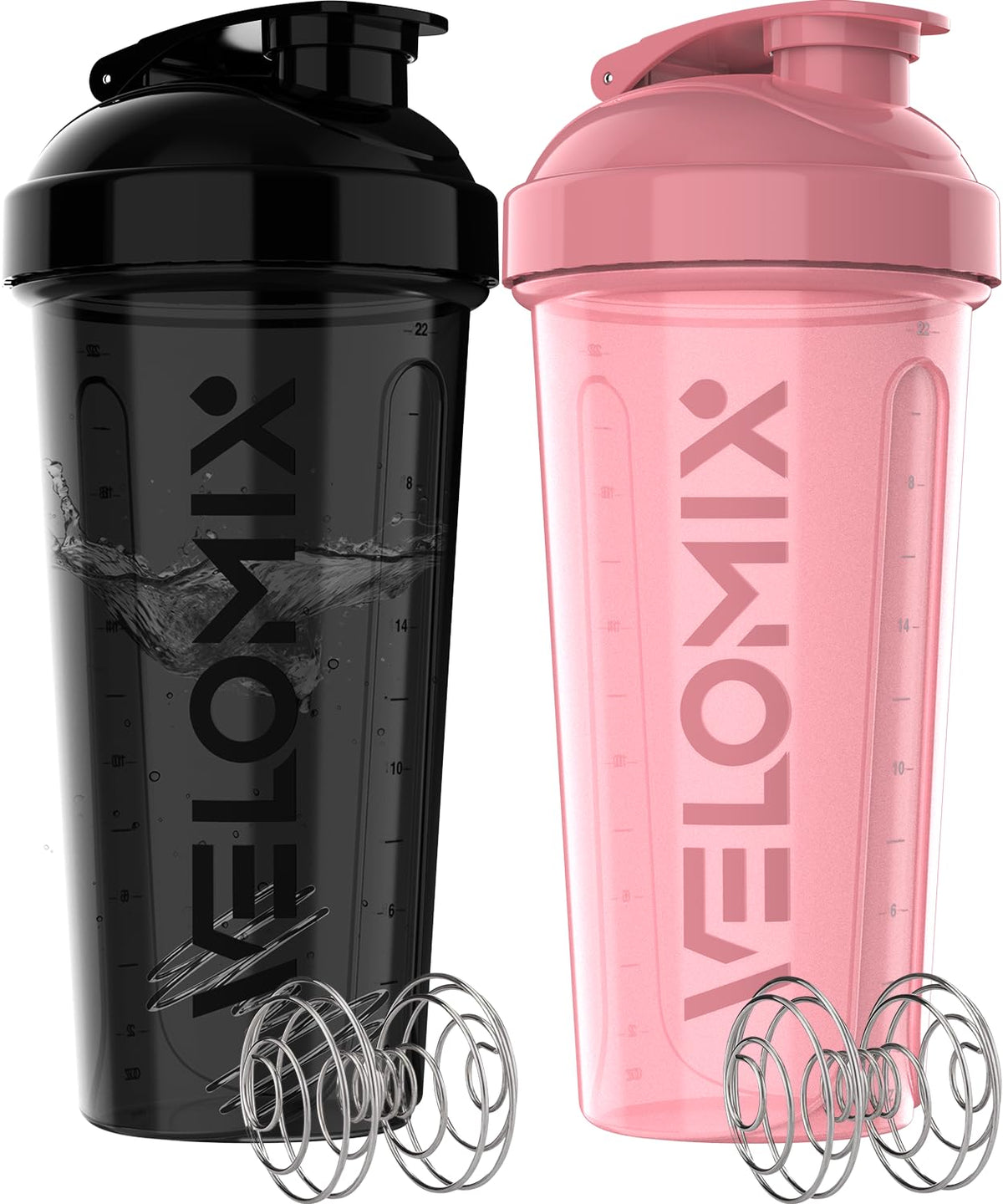 VELOMIX 2 Pack 28oz Protein Shaker Bottle for Protein Mixes, Black/Transpar