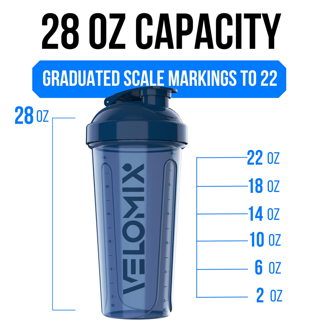 VELOMIX 2 Pack 28oz Protein Shaker Bottle for Protein Mixes, Black/Transpar