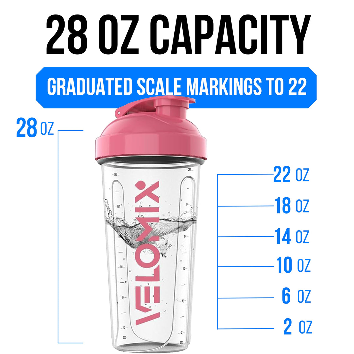 VELOMIX 2 Pack 28oz Protein Shaker Bottle for Protein Mixes, Black/Transpar