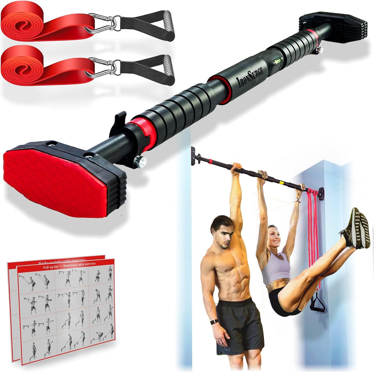 Pull Up Bar for Hallway or Doorway 6-piece Set with Two Attachable Resistance Bands/Handles, Training Manuals, No Screws Chin Up Bar, Max 680lbs, Width options: 27-37", 37-47"; 46-53"