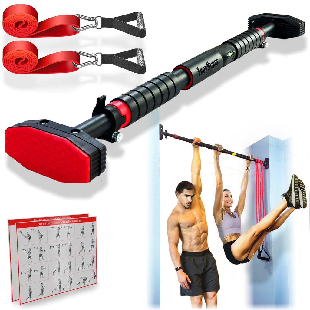 Pull Up Bar for Hallway or Doorway 6-piece Set with Two Attachable Resistance Bands/Handles, Training Manuals, No Screws Chin Up Bar, Max 680lbs, Width options: 27-37", 37-47"; 46-53"
