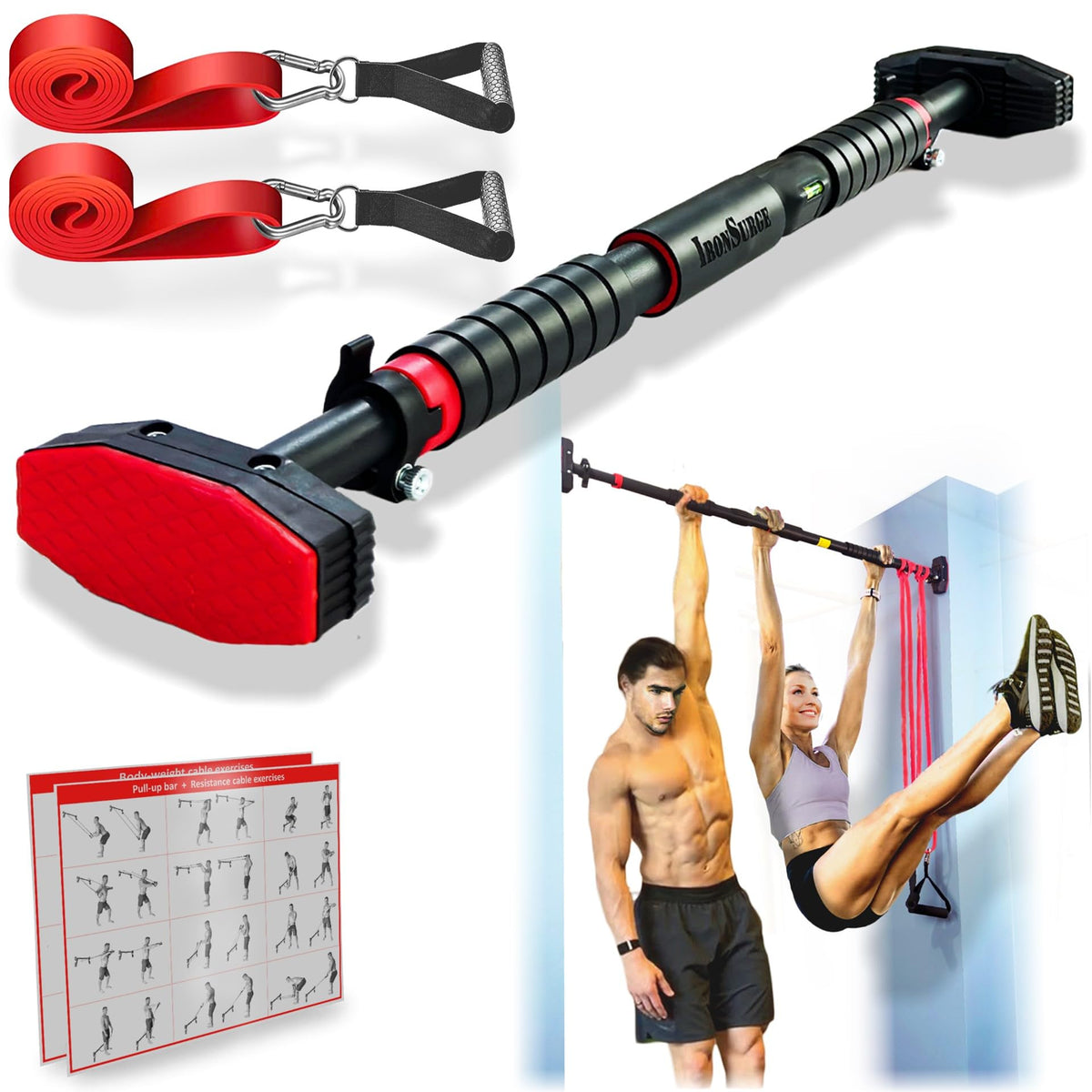 Pull Up Bar for Hallway or Doorway 6-piece Set with Two Attachable Resistance Bands/Handles, Training Manuals, No Screws Chin Up Bar, Max 680lbs, Width options: 27-37", 37-47"; 46-53"