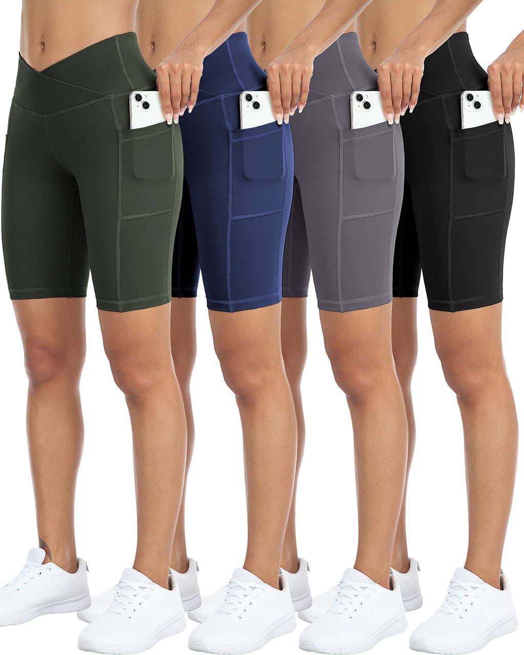 WHOUARE 4 Pack Biker Yoga Shorts with Pockets for Women,High Waisted Athletic Running Workout Gym Shorts Tummy Control