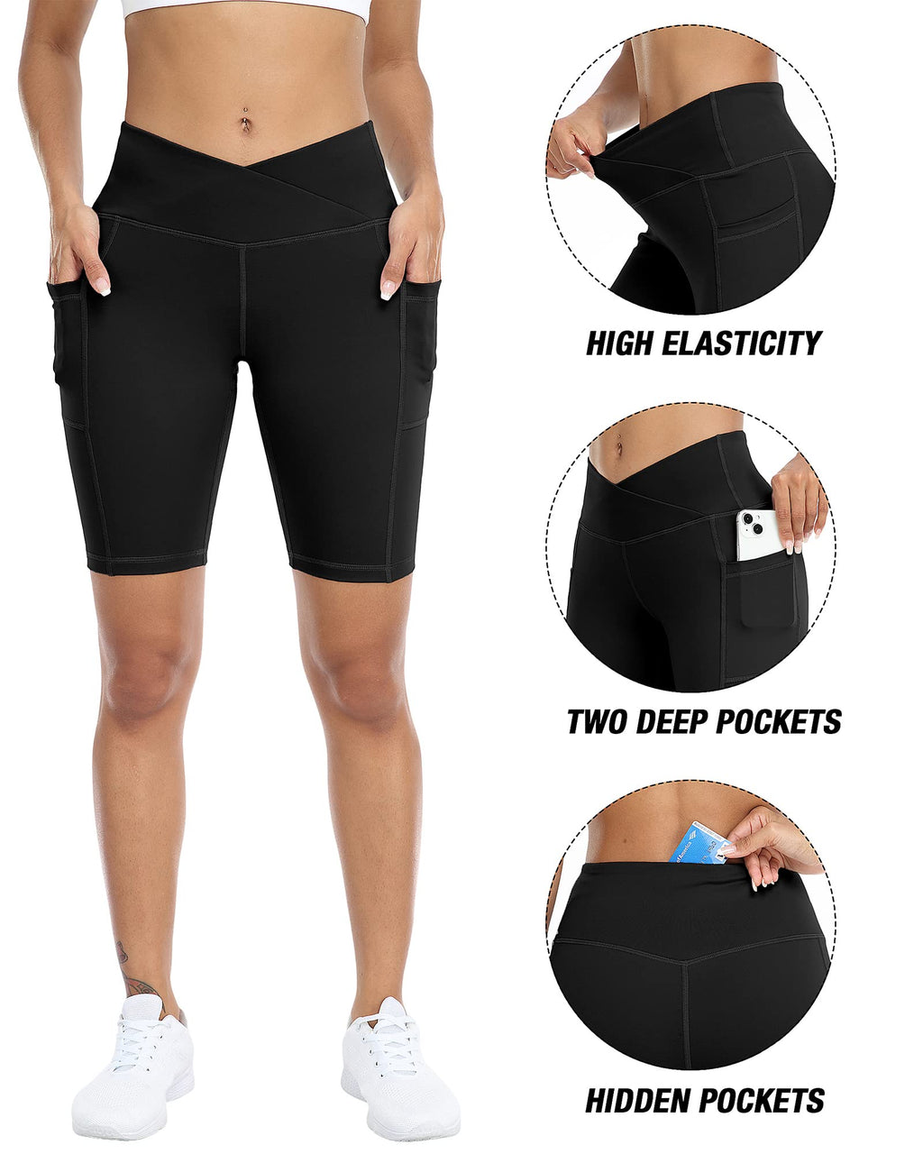 WHOUARE 4 Pack Biker Yoga Shorts with Pockets for Women,High Waisted Athletic Running Workout Gym Shorts Tummy Control