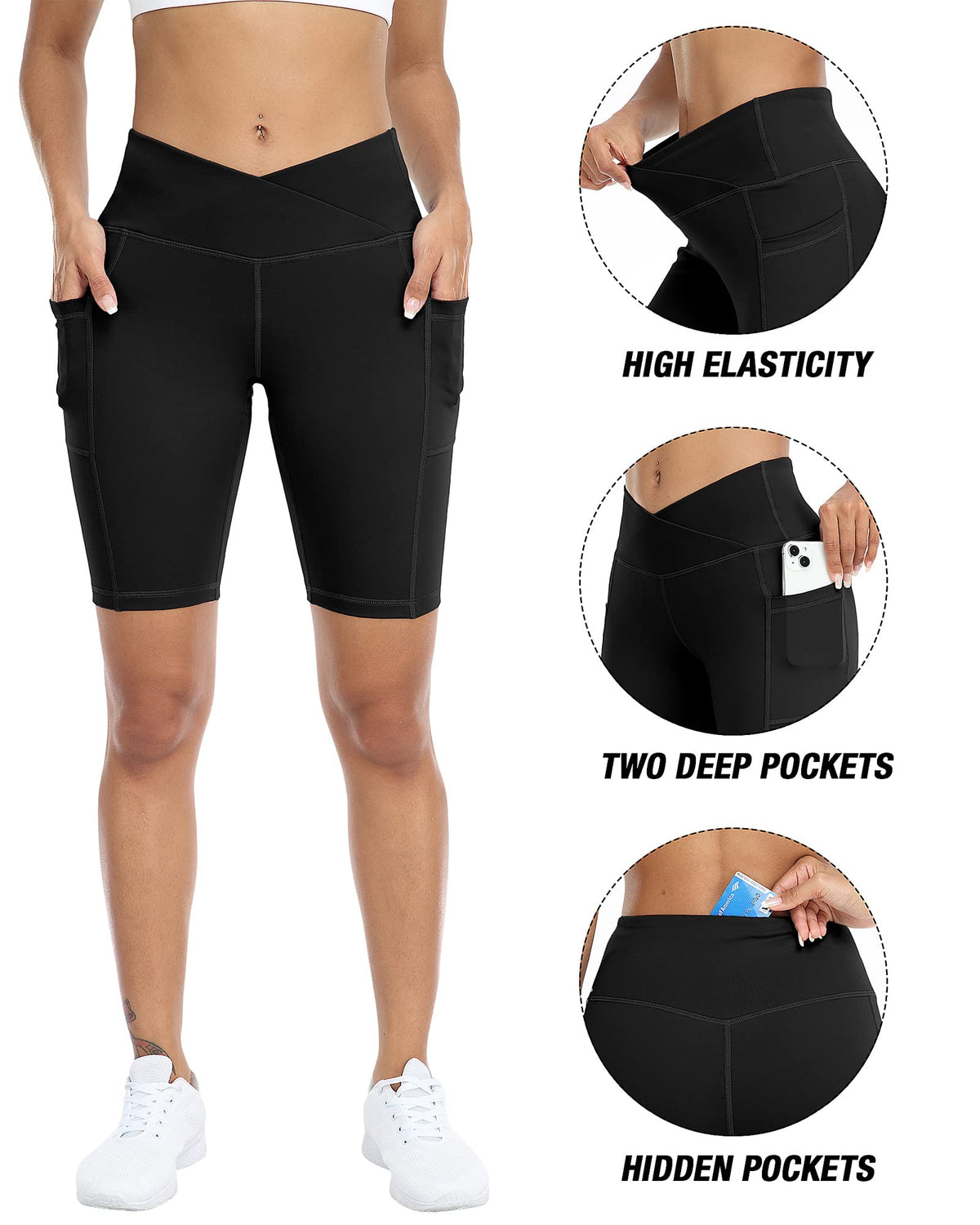 WHOUARE 4 Pack Biker Yoga Shorts with Pockets for Women,High Waisted Athletic Running Workout Gym Shorts Tummy Control