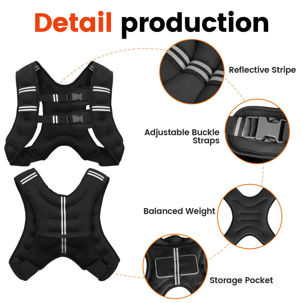 Poudee Weighted Vest, 6lb/8lb/10lb/12lb/16lb/20lb/25lb/30lb Weight Vest for Men Women, Body Weight Vests Adjustable with Reflective Stripe for Strength Training, Running, Workout, Jogging, Walking