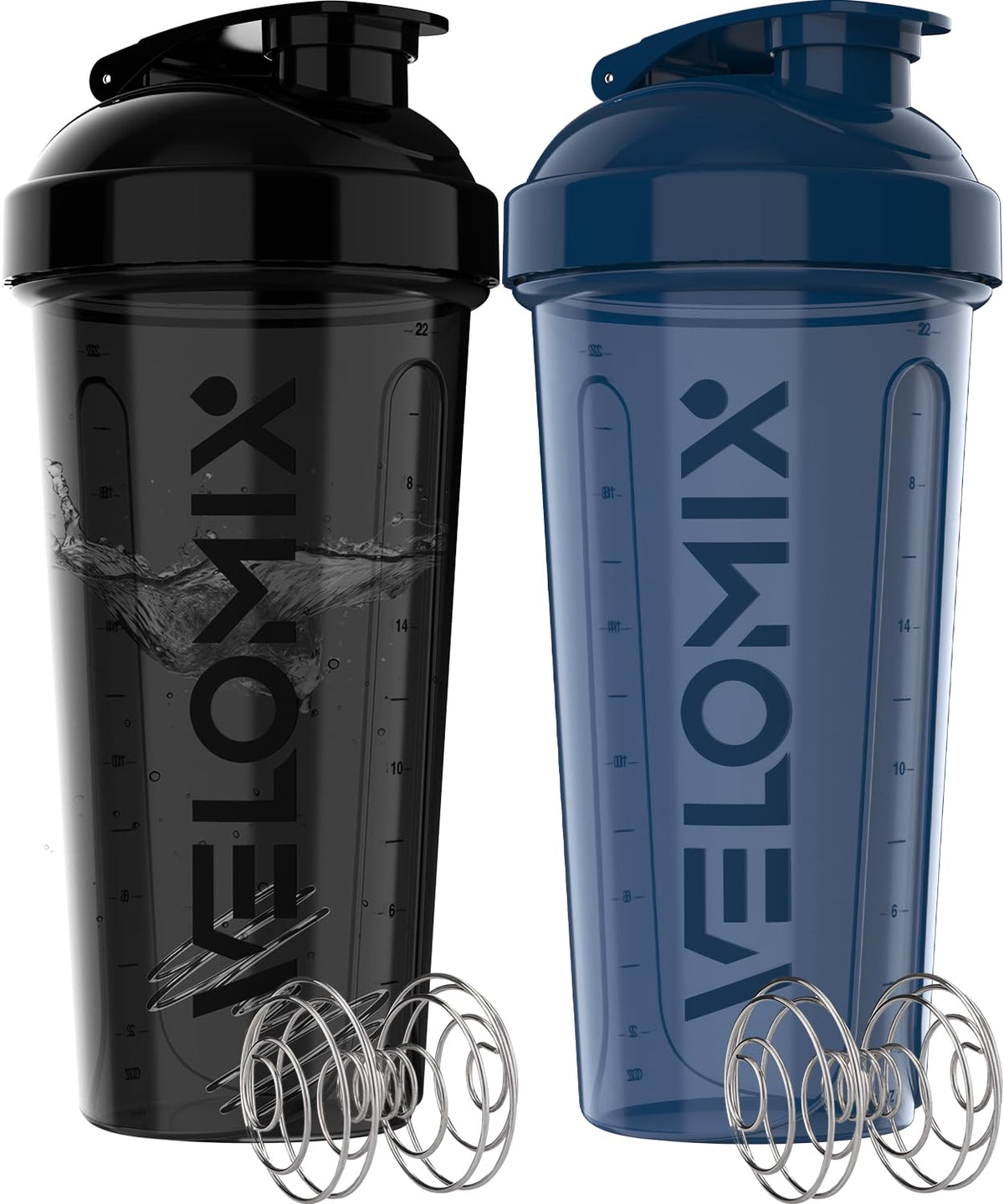 VELOMIX 2 Pack 28oz Protein Shaker Bottle for Protein Mixes, Black/Transpar