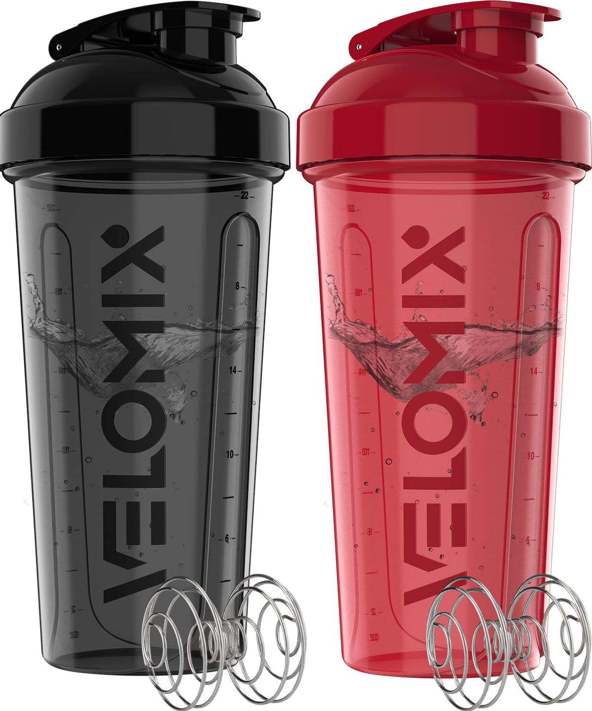 VELOMIX 2 Pack 28oz Protein Shaker Bottle for Protein Mixes, Black/Transpar