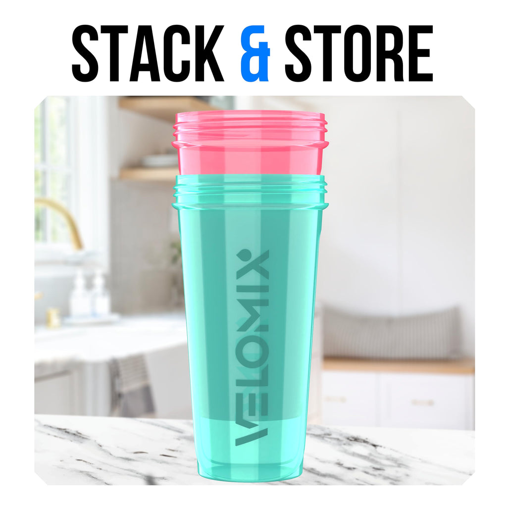VELOMIX 2 Pack 28oz Protein Shaker Bottle for Protein Mixes, Black/Transpar