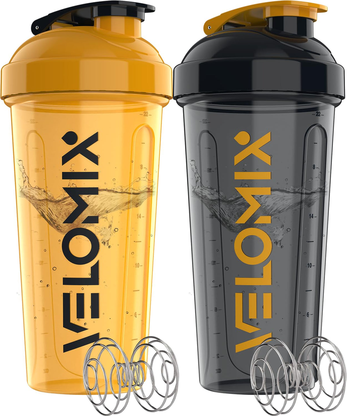 VELOMIX 2 Pack 28oz Protein Shaker Bottle for Protein Mixes, Black/Transpar