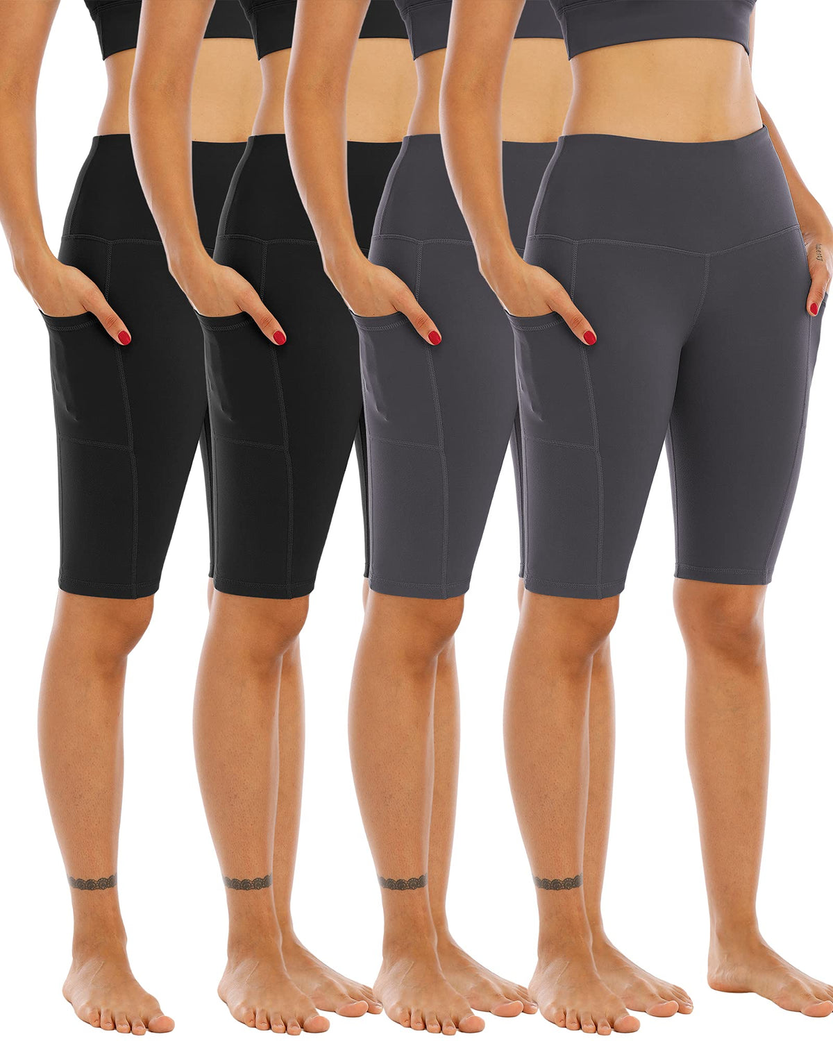WHOUARE 4 Pack Biker Yoga Shorts with Pockets for Women,High Waisted Athletic Running Workout Gym Shorts Tummy Control