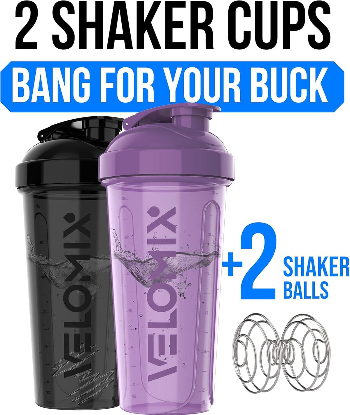 VELOMIX 2 Pack 28oz Protein Shaker Bottle for Protein Mixes, Black/Transpar