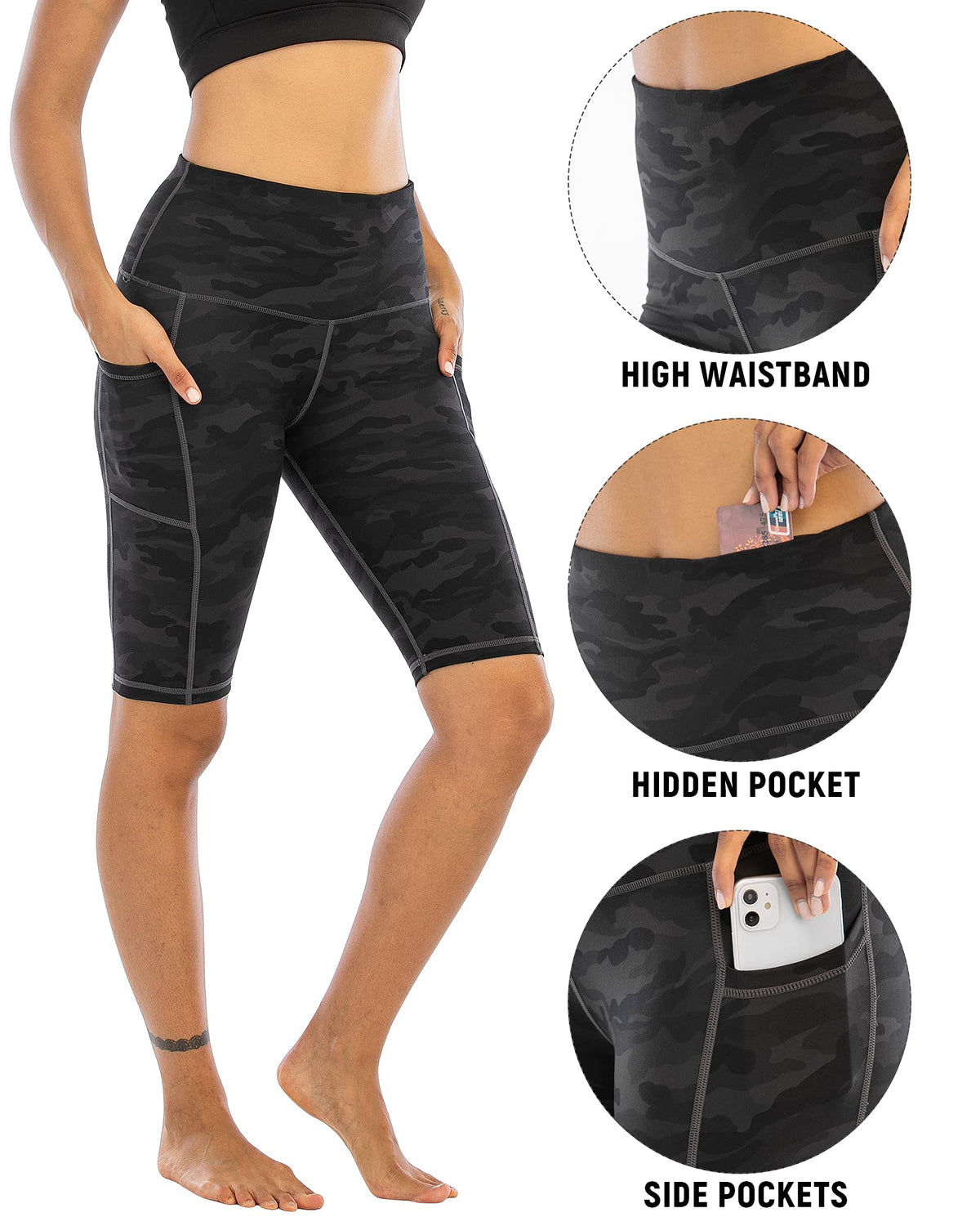 WHOUARE 4 Pack Biker Yoga Shorts with Pockets for Women,High Waisted Athletic Running Workout Gym Shorts Tummy Control