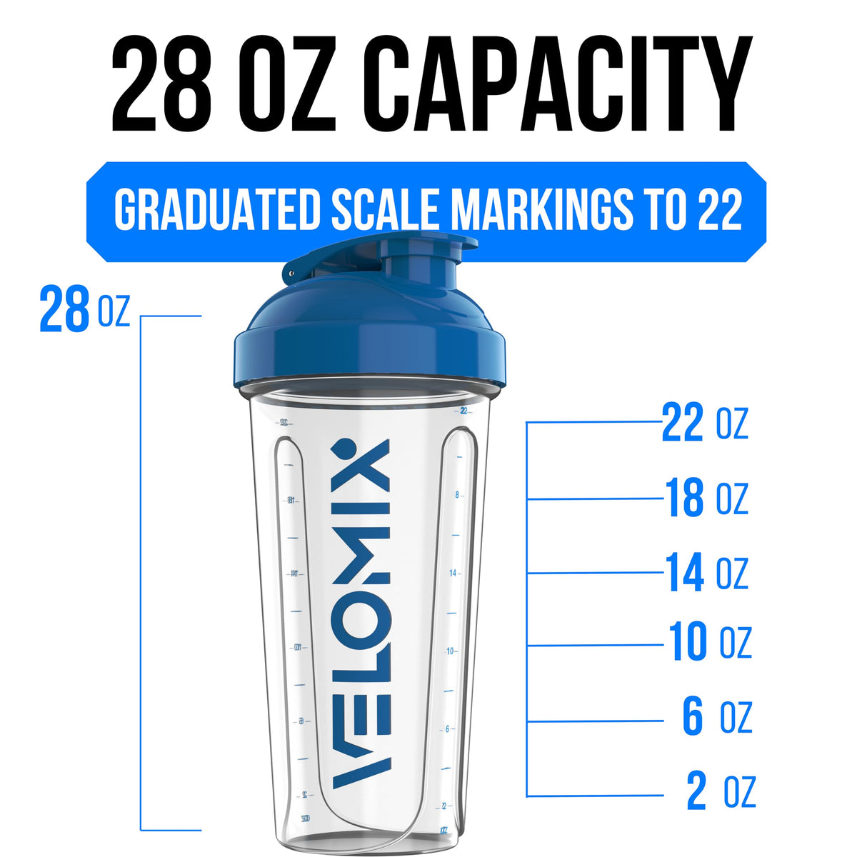 VELOMIX 2 Pack 28oz Protein Shaker Bottle for Protein Mixes, Black/Transpar