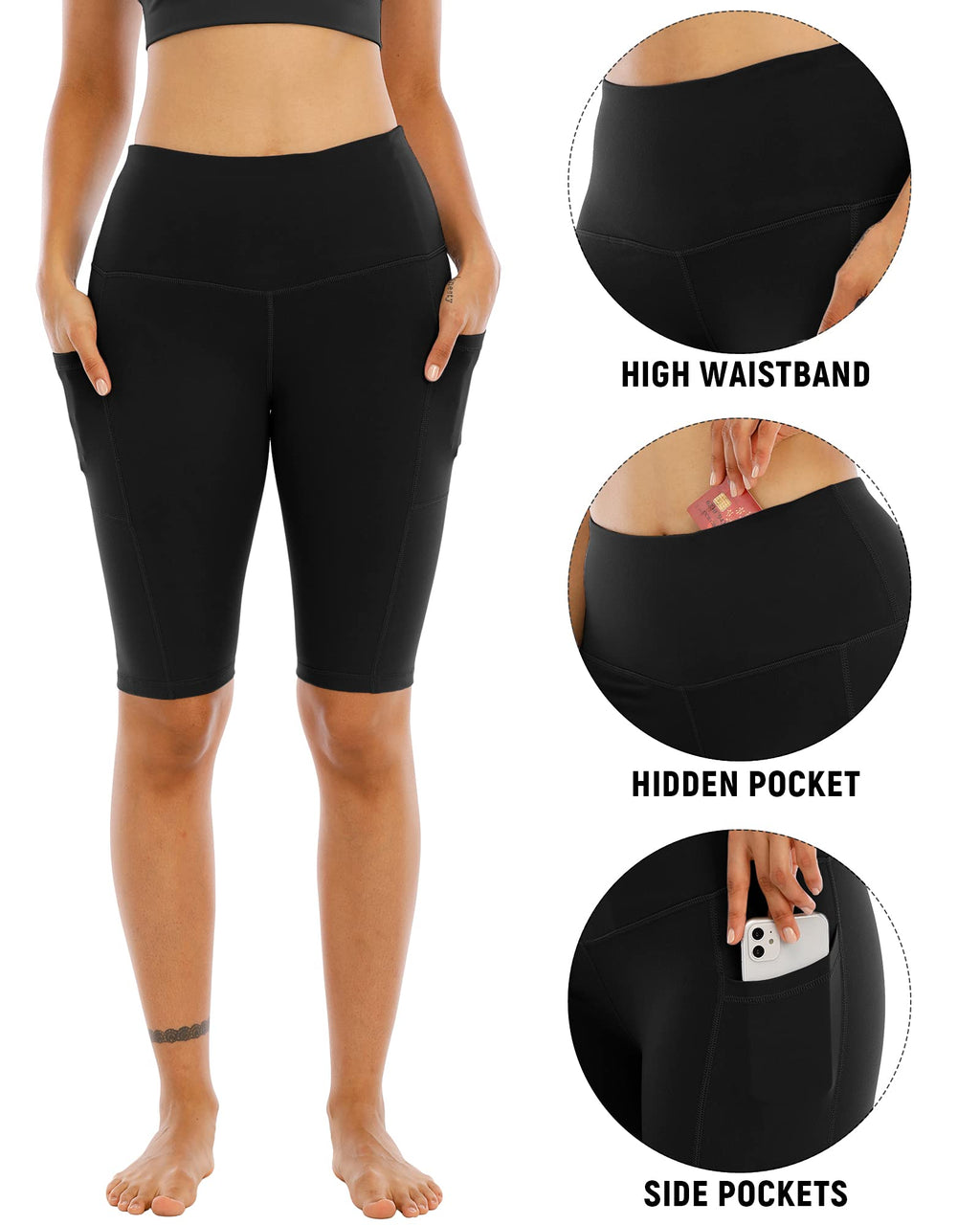 WHOUARE 4 Pack Biker Yoga Shorts with Pockets for Women,High Waisted Athletic Running Workout Gym Shorts Tummy Control