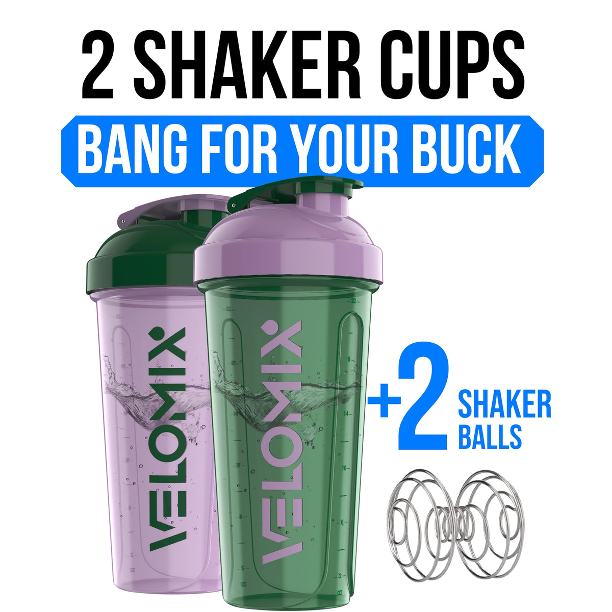 VELOMIX 2 Pack 28oz Protein Shaker Bottle for Protein Mixes, Black/Transpar